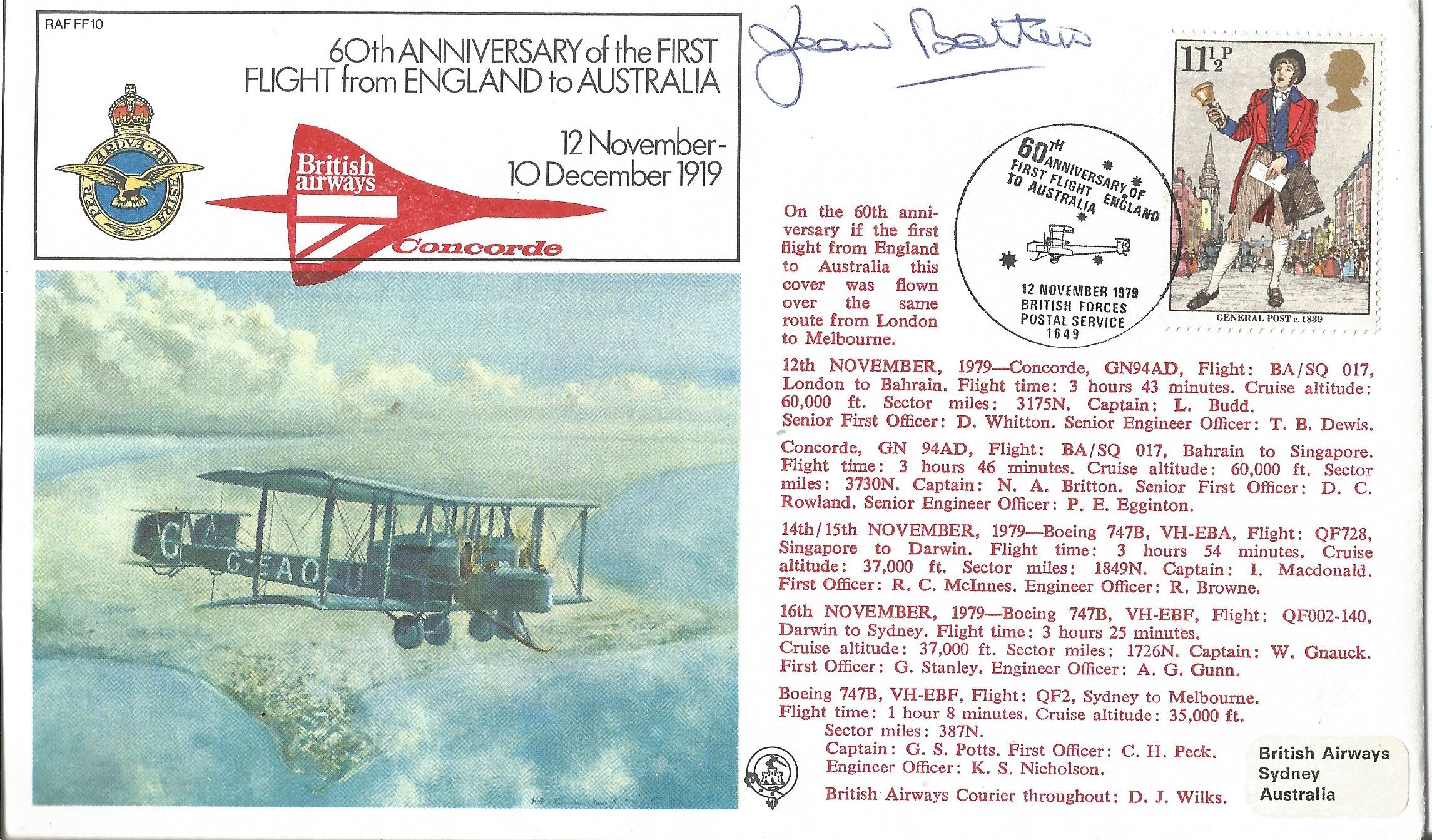 Jean Batten signed 60th Ann 1st flight England Australia cover. FF10, flown by Concorde. Good