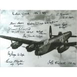 World War Two 6x8 multi signed b w photo of a Lancaster in flight signed by 11 Bomber command