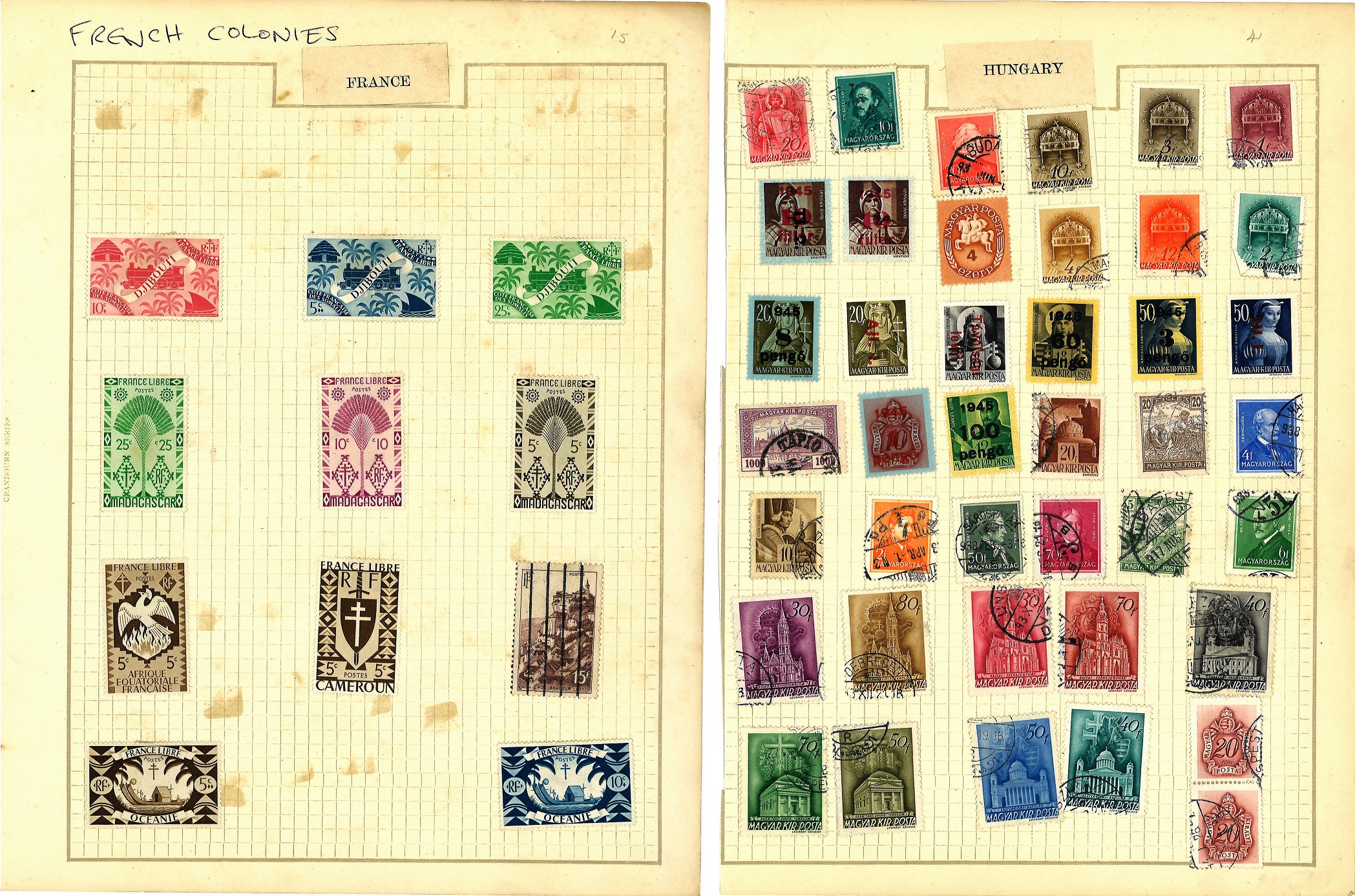 Stamp collection 10 album pages from around the world including Hungary, French colonies, Belgium - Image 4 of 6