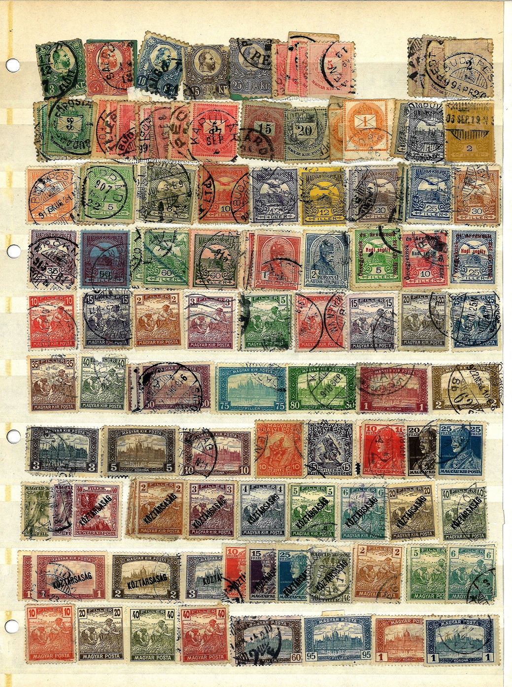 Stamp collection 10 album pages from around the world including Hungary, French colonies, Belgium