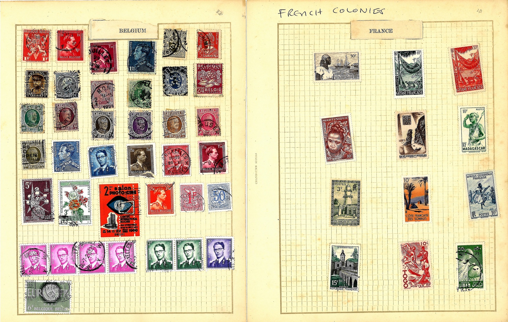 Stamp collection 10 album pages from around the world including Hungary, French colonies, Belgium - Image 3 of 6