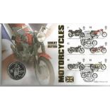 Great British Motorcycles coin FDC PNC. Isle of Man 1 crown coin inset. 19/7/05 Birmingham postmark.