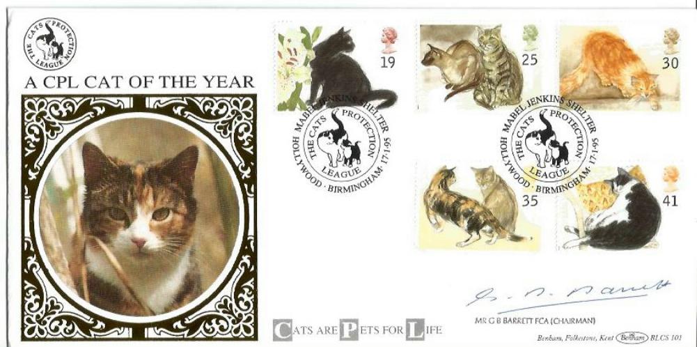 G B Barrett signed Cats FDC. 17/1/95 Birmingham postmark. Good Condition. We combine postage on