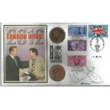 Colin Jackson signed London wins 2012 Olympics coin FDC PNC. 2 historic pennies inset. Good