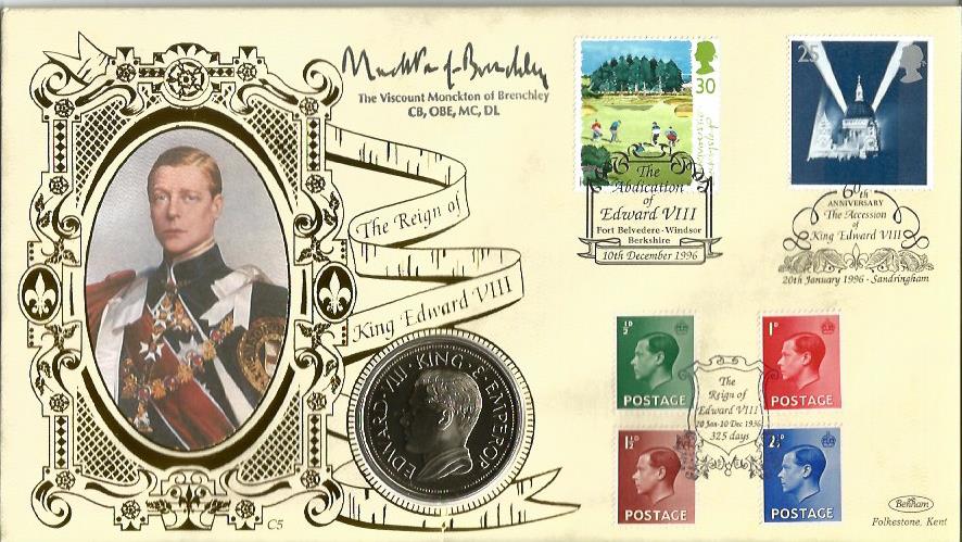 Viscount Monckton of Brenchley signed King Edward coin cover. Double postmarked 10/12/96 Berkshire