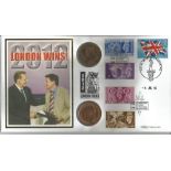 London Wins 2012 Olympics coin FDC PNC. 2 historic pennies inset. Good Condition. We combine postage
