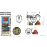 Beijing to London coin cover. Benham official FDC PNC, with 2008 Isle of Man Crown coin inset. White