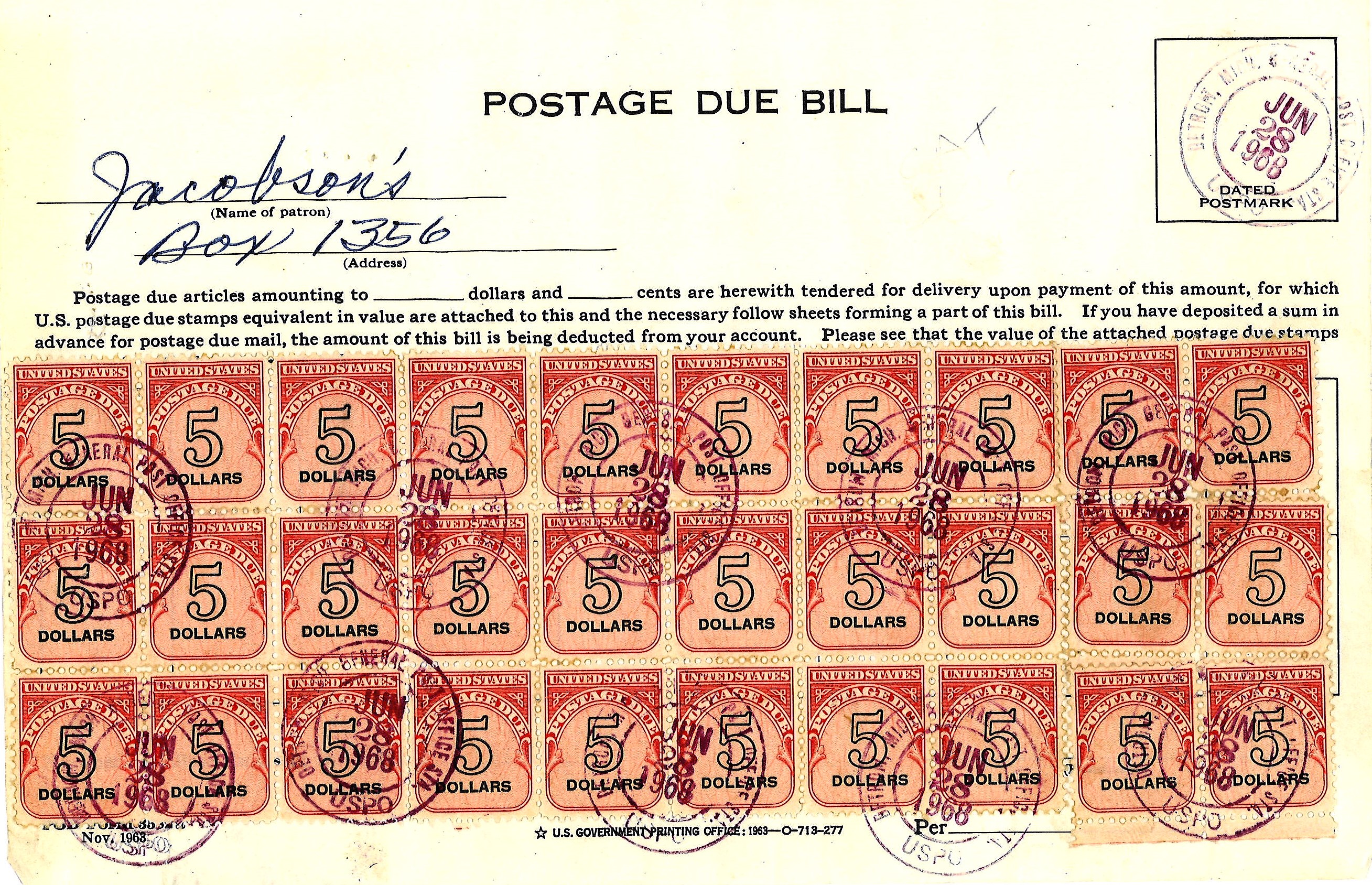 USA postage due bill document receipt includes 30, 5 dollar stamps dated 28/6/1968. Good