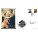 Father Brian D'Arcy signed Sandro Botticelli coin cover. Benham official FDC PNC, with 1997 Isle