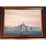 Tirpitz World War Two 25x19 framed ORIGINAL painting by the artist Jeff Crain dedicated in pencil to