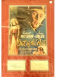 Robert Mitchum and Jane Greer signature pieces mounted below colour photo from Out of the Past.