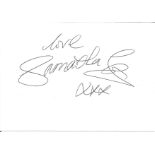 Samantha Fox signed white card. English singer, songwriter, actress, and former glamour model. In