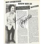 John Lydon signed A4 magazine article with biography and picture of him. Good Condition. All