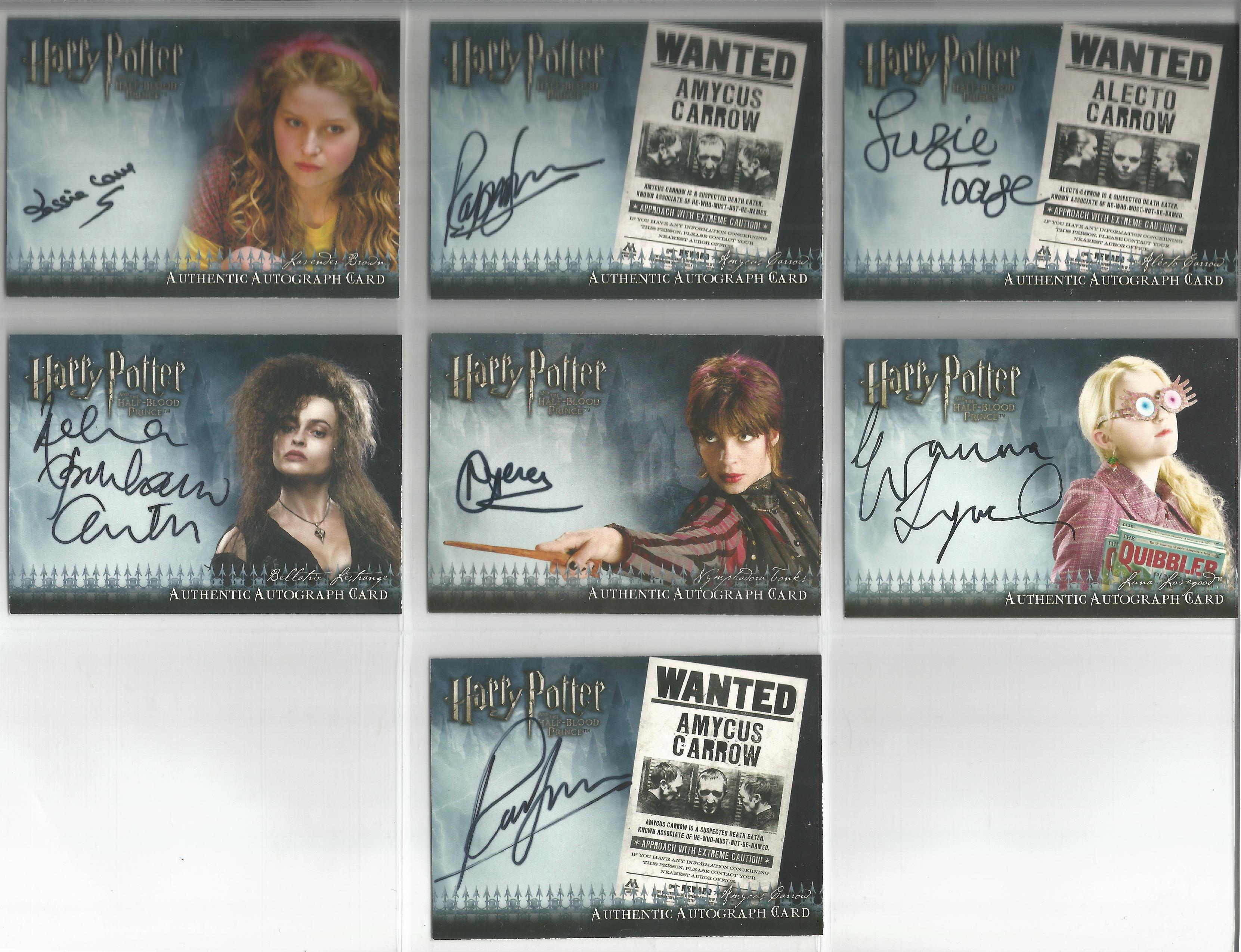 Harry Potter Half Blood Prince collection of 7 autographed Artbox trading cards. Each card has