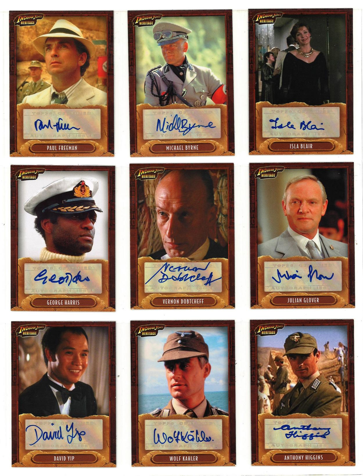 Indiana Jones Heritage Limited edition collection of 17 autographed Topps trading cards. Each card