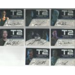 Terminator 2 Judgement Day collection of 8 autographed Artbox trading cards. Each card has picture