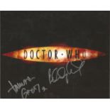 Dr Who 10x8 logo photo signed by 2. Good Condition. All signed pieces come with a Certificate of