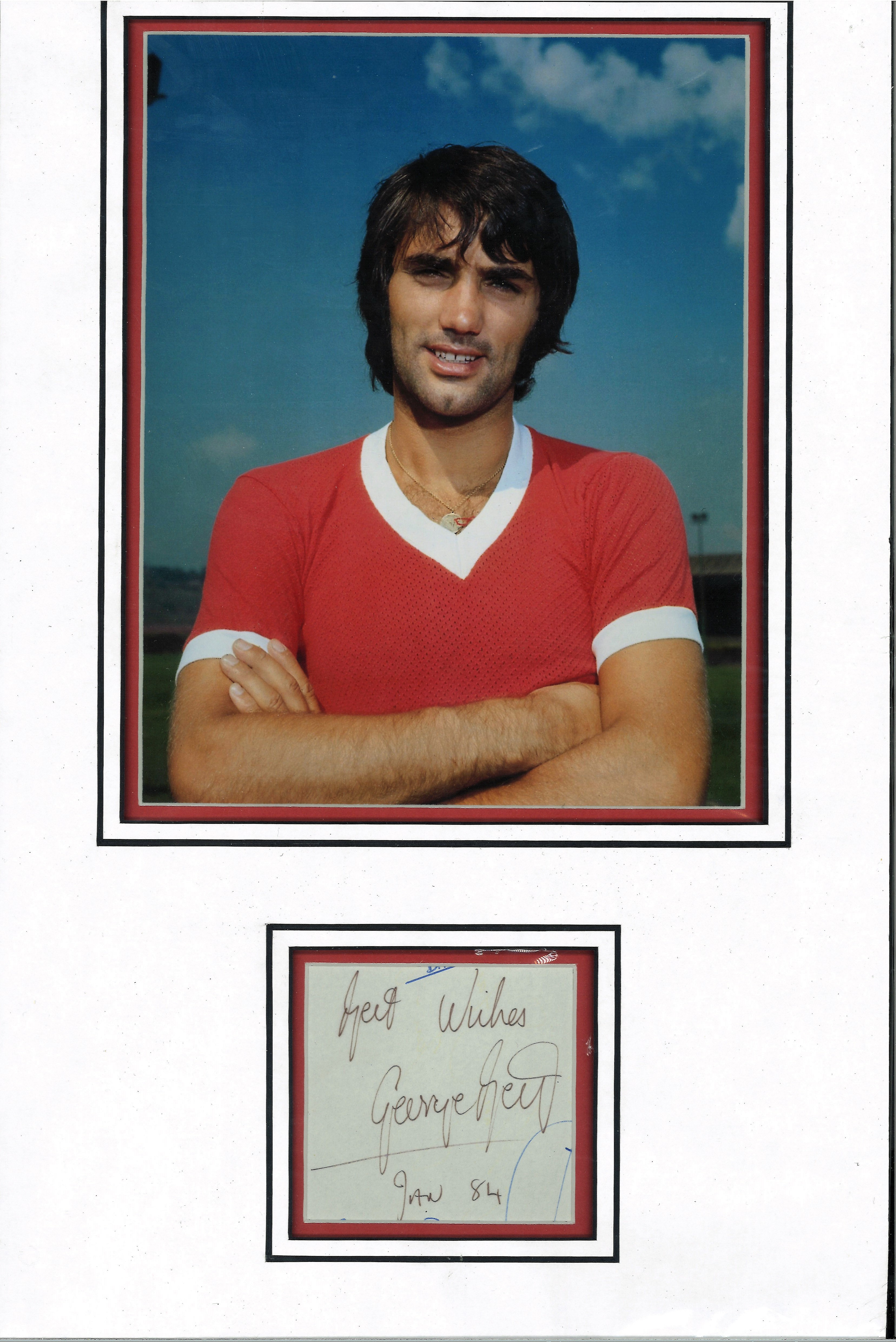 George Best signed autograph presentation. High quality professionally mounted 18 x 11 inch