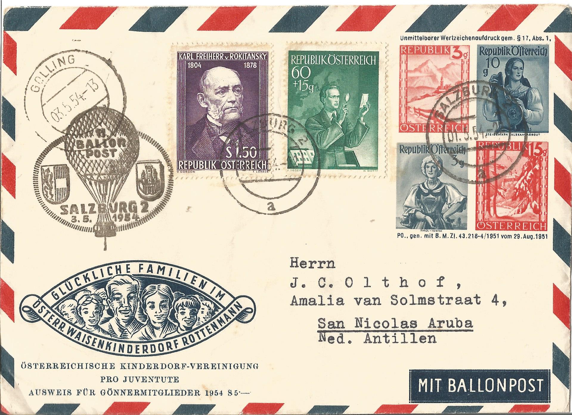 1954 German Hot Air Balloon post cover with Mit Ballonpost Salzburg special cachet. Good