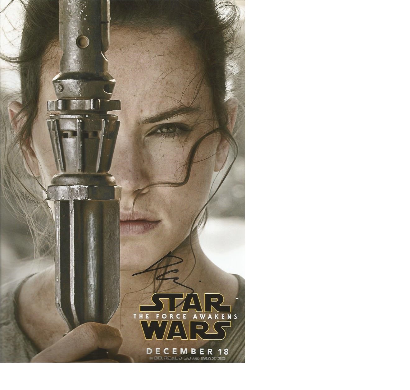 Daisy Ridley signed 12 x 8 Star Wars The Force Awakens colour. Rey is a fictional character in the