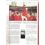 Bobby Moore, Geoff Hurst, Martin Peters signed A4 colour 1966 World Cup Football Masterfile page