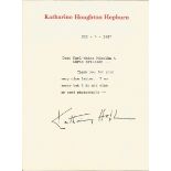 Katherine Hepburn TLS in reply to a request for a signed photo. Good Condition. All signed pieces