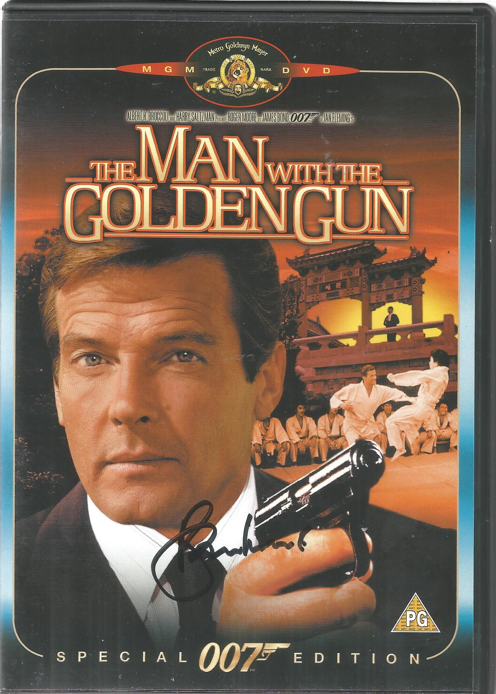 James Bond The Man with the Golden Gun DVD case signed by Roger Moore on cover and inside sleeve