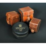 Hardy Bros. leather reel block, with red velvet lining interior measures 3 1/2" together with a