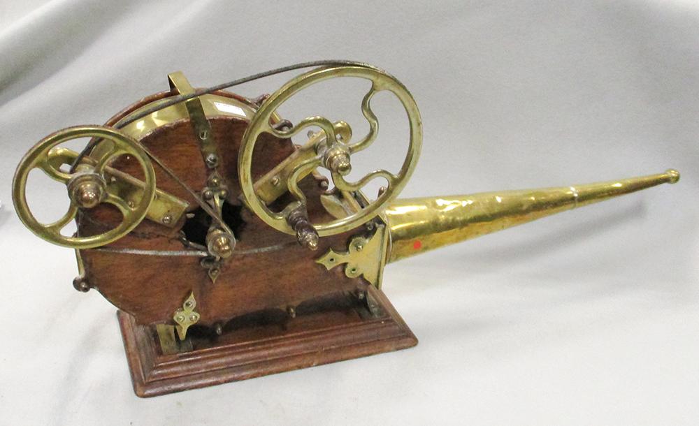 A set of 19th century mechanical brass and mahogany peat bellows, 65cm (25.5in) long overall