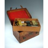 Hardy Bros, leather tackle box with red baize lined tray interior, impressed maker's mark and