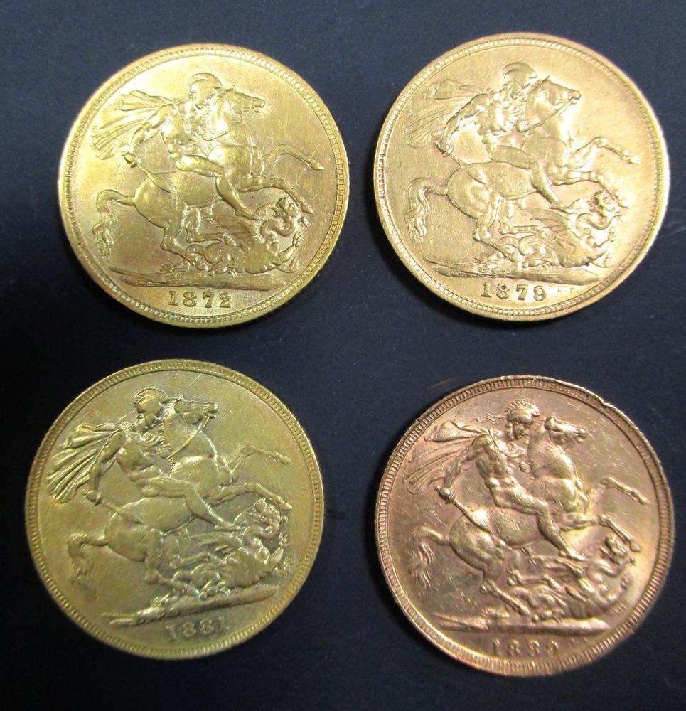 Four Gold sovereigns 1872, 1879, 1881 and 1927 all about VF (4)