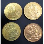 Four Gold sovereigns 1872, 1879, 1881 and 1927 all about VF (4)