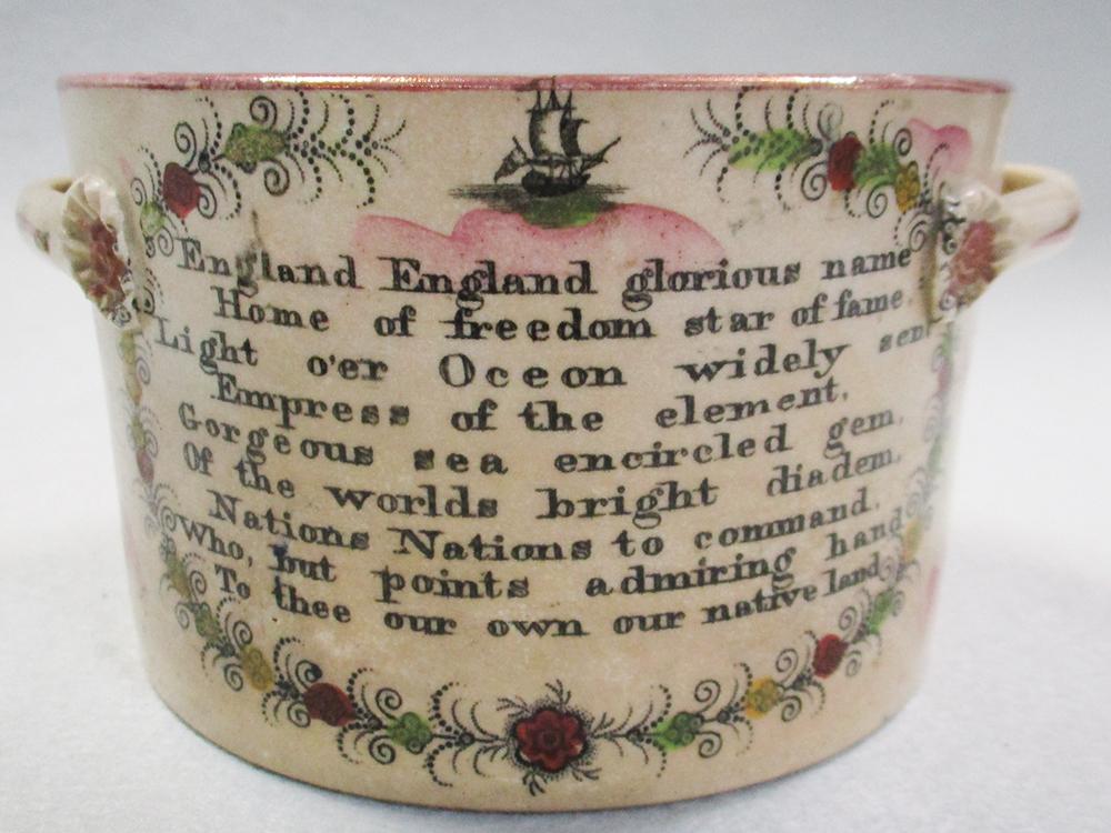 A Sunderland lustre pot and cover, Crimean period transfer decoration with figures and verse 'The - Image 4 of 8