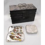 A 1940s tin cantelever fishing tackle box, together with six aluminium fly boxes mostly by