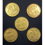 Five gold half sovereigns, 1903, 1907, 1908, 1910 and 1911 (5)
