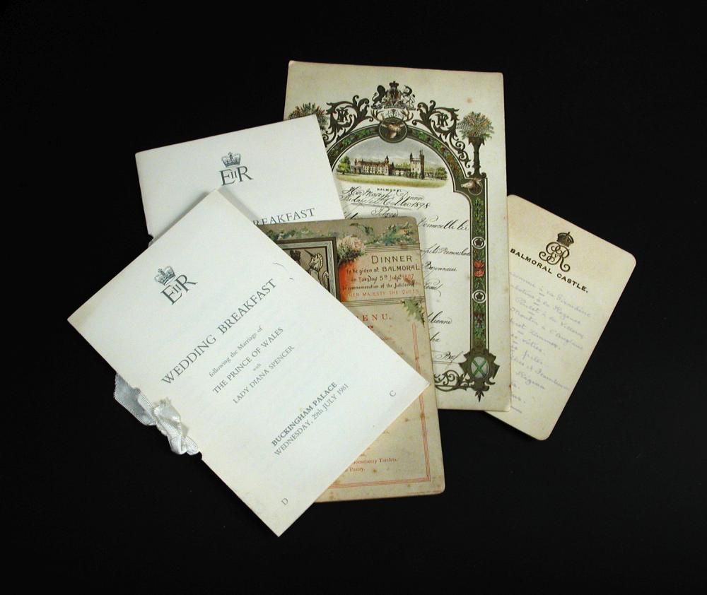 A Balmoral 1898 Dinner Menu card written in inkpen 'Her Majesty's Dinner', together with two wedding