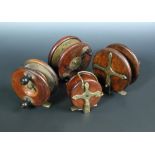 Four Nottingham Sun reels, one 4 1/2", the star back stamped 'Sun Patent No 13388/85', another 4 1/