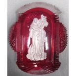An 1830s sulphide of Christ on a red ground, probably Baccarat, fan cutting flanking the round