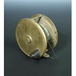 An Army & Navy 4" brass reel, with horn handle, signed A&NCLL, makers, 105 Victoria Street,