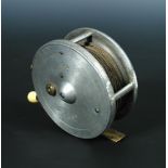 J S Sharpe, Aberdeen, Scottie 4" fly reel with aluminium body, ivorine handles and on brass foot