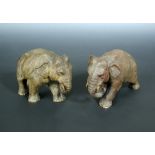 A pair of Japanese early 20th century bronze Indian elephants, one with crescent moon motif to its