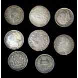Eight silver Shillings 1739, about VF, 1758, 1787, 1816, 1821, 1826, 1834 and 1840 (8)