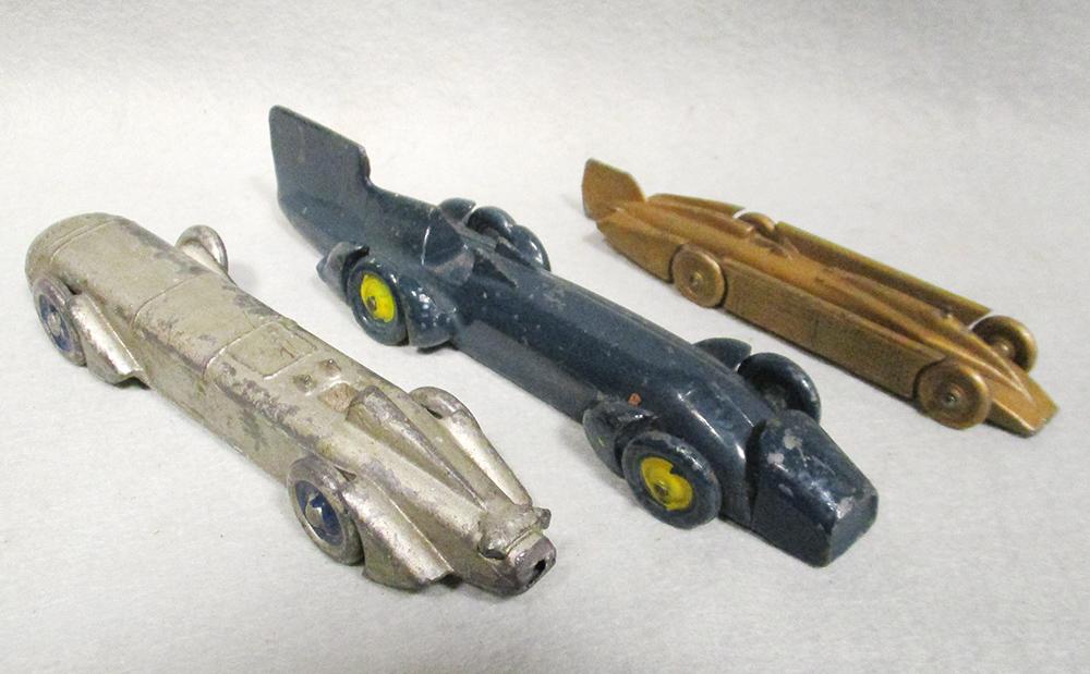 Three model metal speed record cars, circa 1930s, Bluebird, Golden Arrow and Silver Bullet (3)