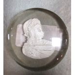 An English sulphide plaque of a Roman warrior, the profile faces to dexter within the clear glass