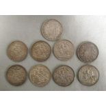 Nine silver crowns, 1820 good VF, 1821 x 2, both VF, 1822 fine or better, 1845 x 2 both VF, 1887 and