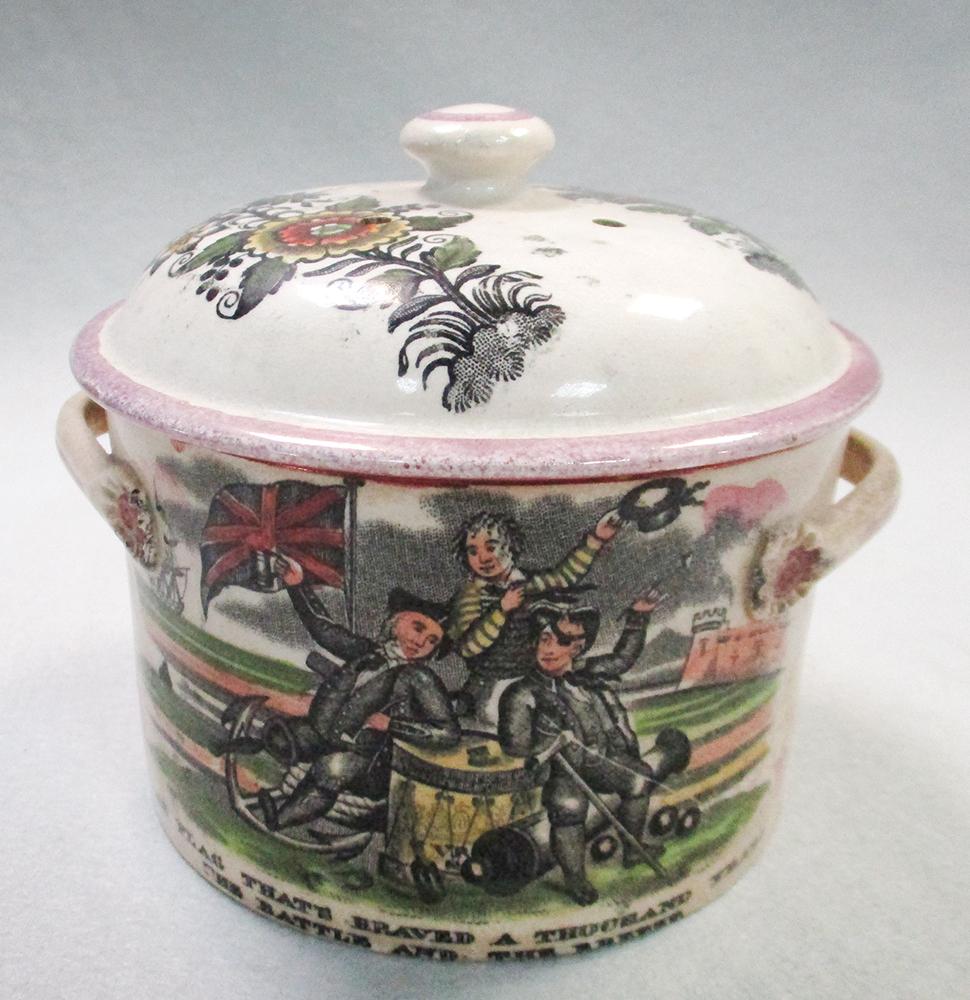 A Sunderland lustre pot and cover, Crimean period transfer decoration with figures and verse 'The