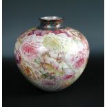 A large Clement Massier ovoid vase by M. Alexandy, painted with rose flowers in yellow and pink, the