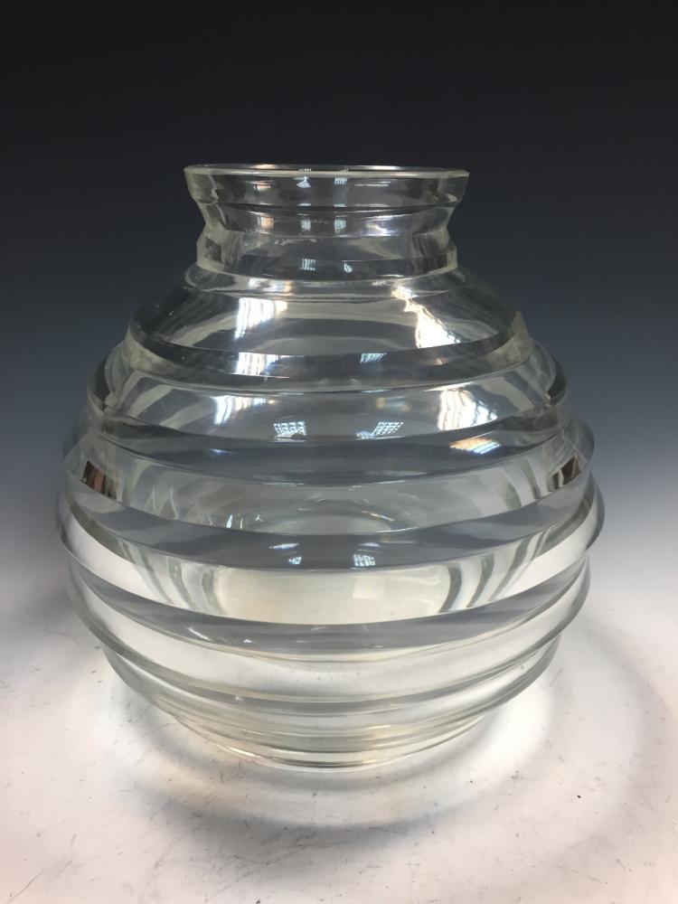 A 20th century Architectural clear glass vase, the bomb-shaped vase with horizontal ribbing,