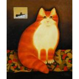 § Martin Leman (British, b.1934) Marmalade cat on a rug signed lower right "Leman" oil on board,