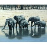 § Pip McGarry (British, b. 1955) Elephants at riverside signed and dated lower right "Pip McGarry